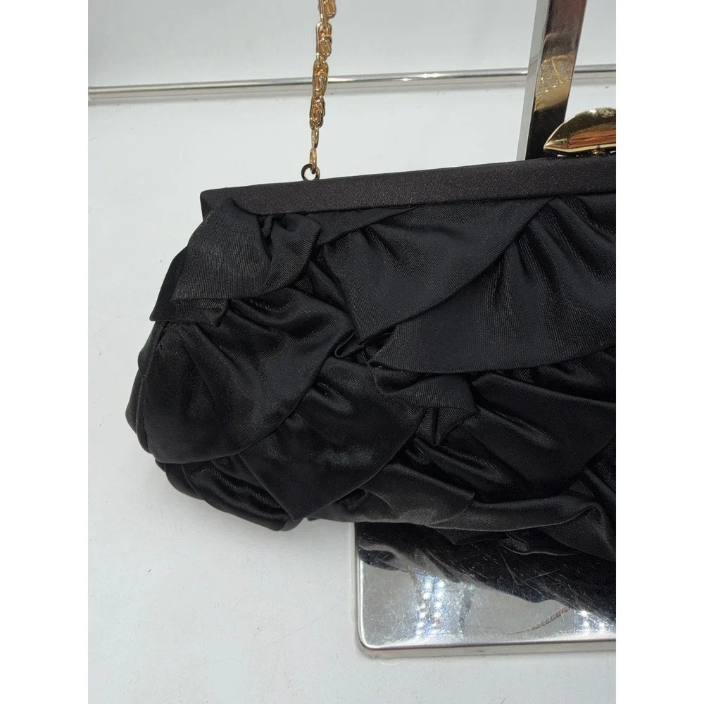 Lord & Taylor Black Satin Ruffle Evening Clutch Rhinestone Clasp Gold Chain Bag